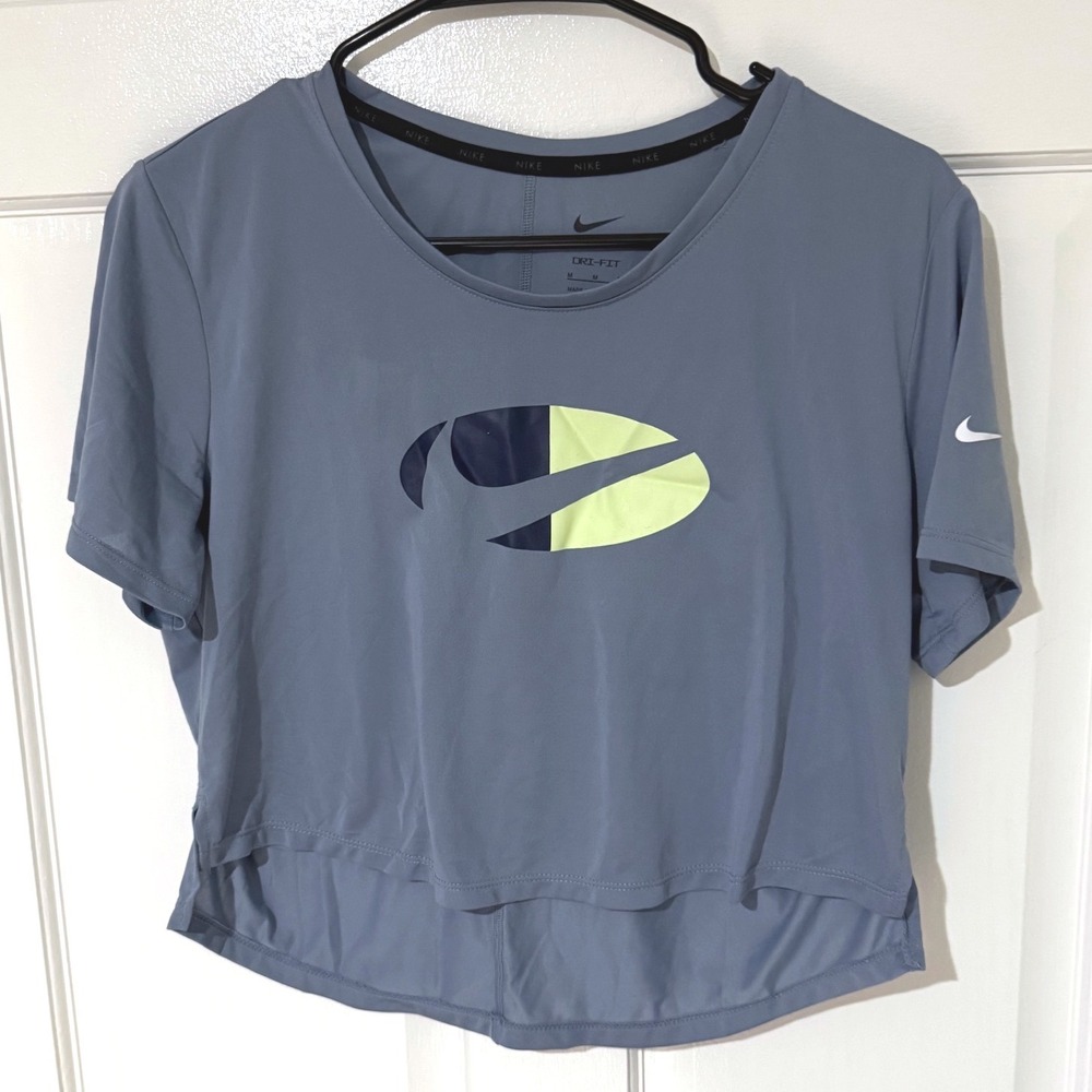Nike Womens Dri-FIT Short Sleeve Graphic Training Crop Top Blue Size M